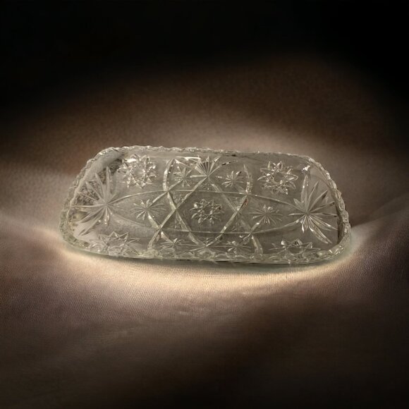 Vintage Anchor Hocking Prescut Celery Platter | Starburst Pressed Glass Relish T - Picture 1 of 7